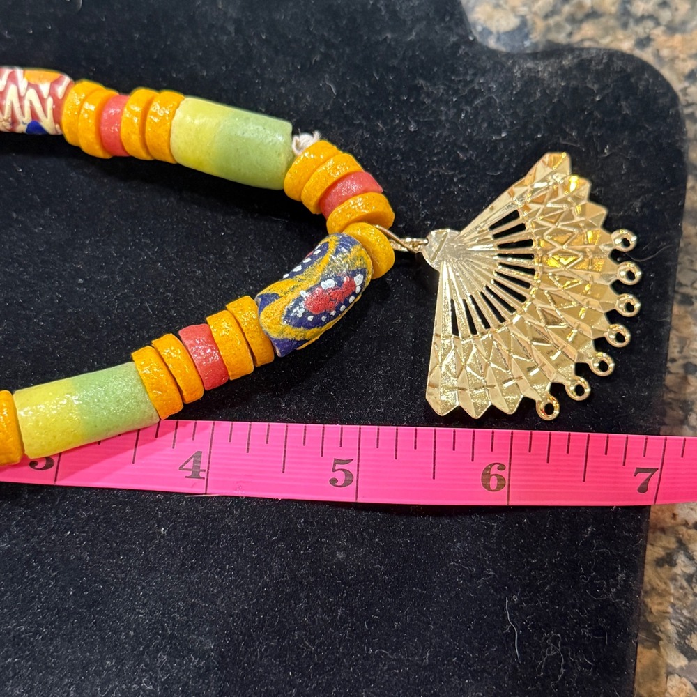 Multicolor African Trade Bead Stretch Bracelet with Gold Tone Fan Charm - Picture 7 of 10